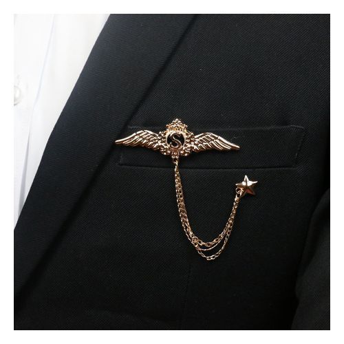 Lapel Crystal Wings Brooch Pin Chain Tassel For Suit's -Gold