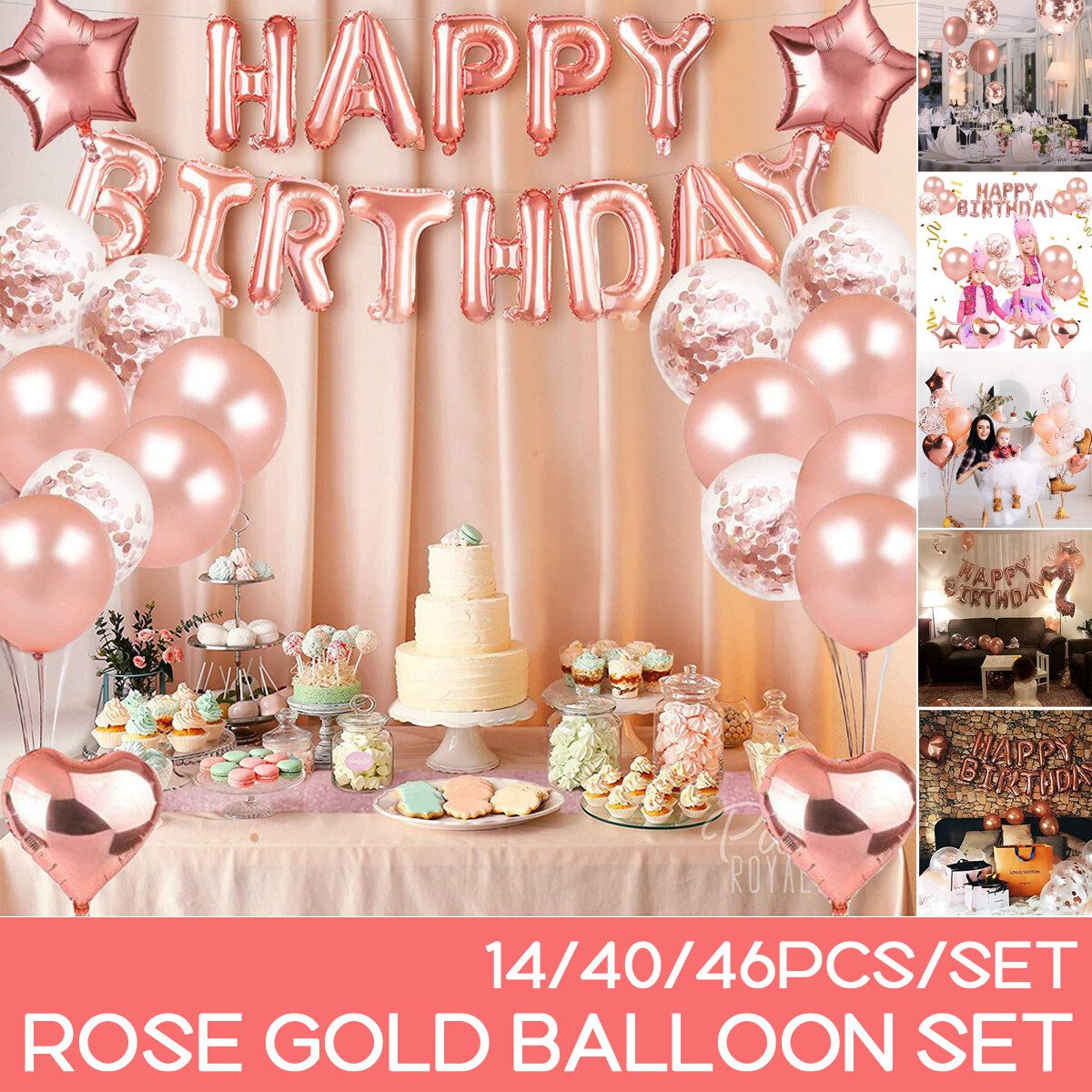 14/40/46pcs Set Rose Gold Confetti Mix Latex Balloon Aluminum Film/Foil Christmas Xmas Birthday Wedding Party Carnival Decor 14PCS