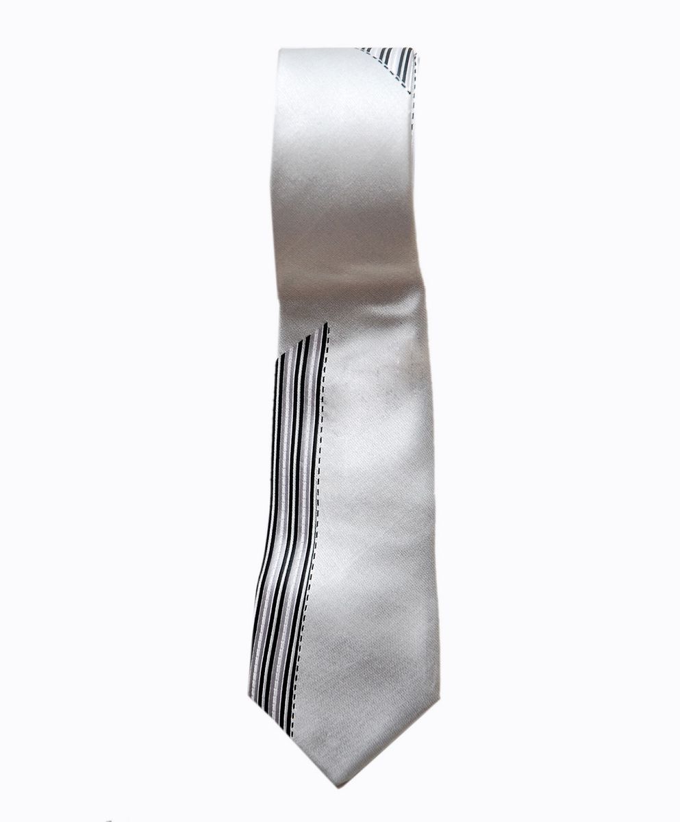 Men's Slim-Fit Long Tie -ash With Black Striped Pattern.