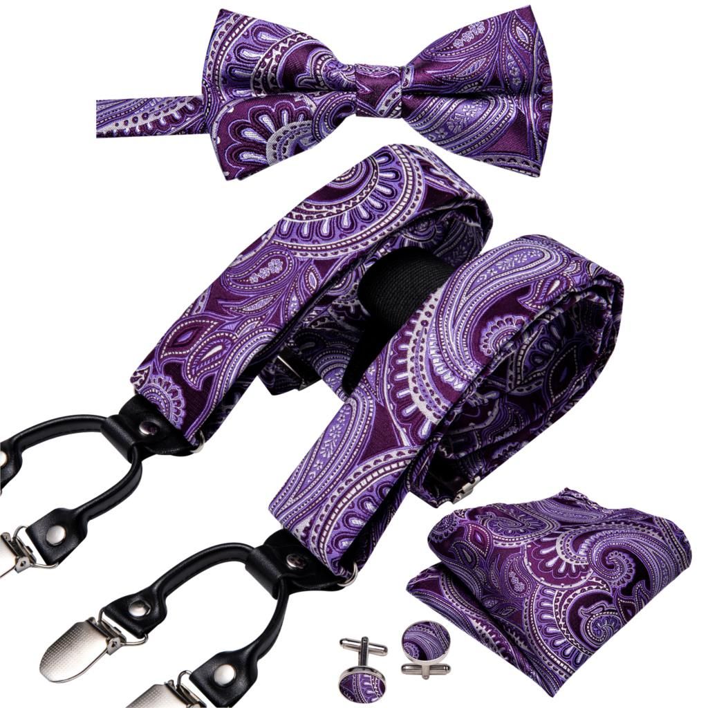 Men Suspender Set Red Silk Bowtie Dinosaur Silk Tie 6 Clips Waist Belt S