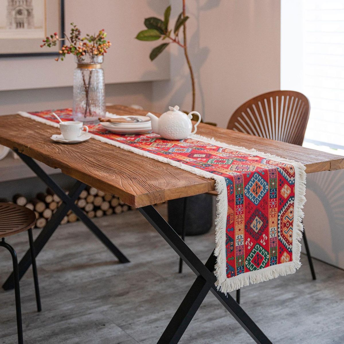 Table Runner Cloth American Style Jacquard Tassel Table Cover Cloth Red
