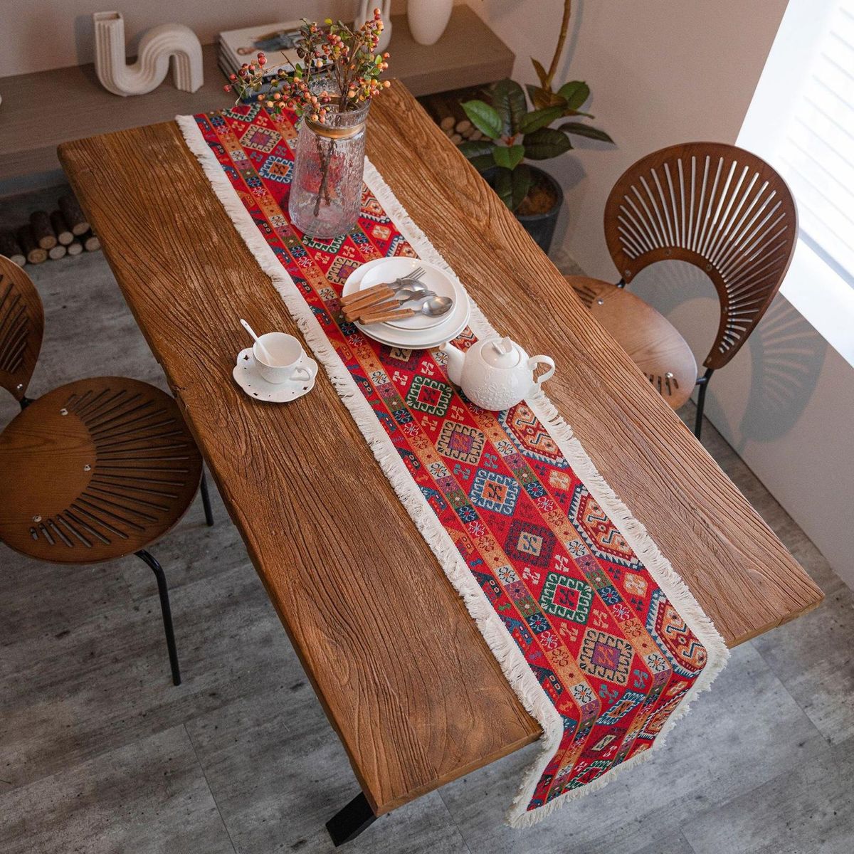 Table Runner Cloth American Style Jacquard Tassel Table Cover Cloth Red