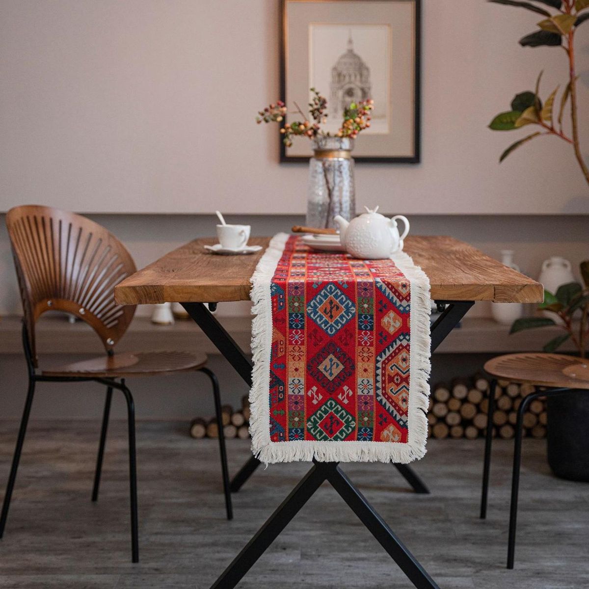 Table Runner Cloth American Style Jacquard Tassel Table Cover Cloth Red