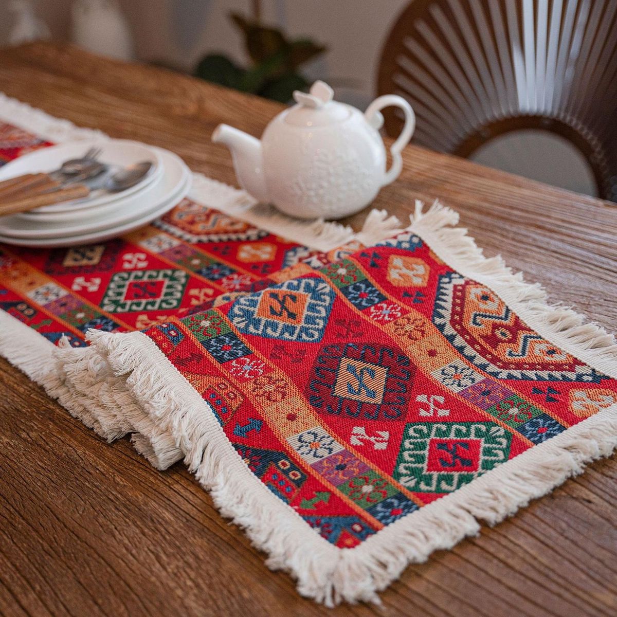 Table Runner Cloth American Style Jacquard Tassel Table Cover Cloth Red