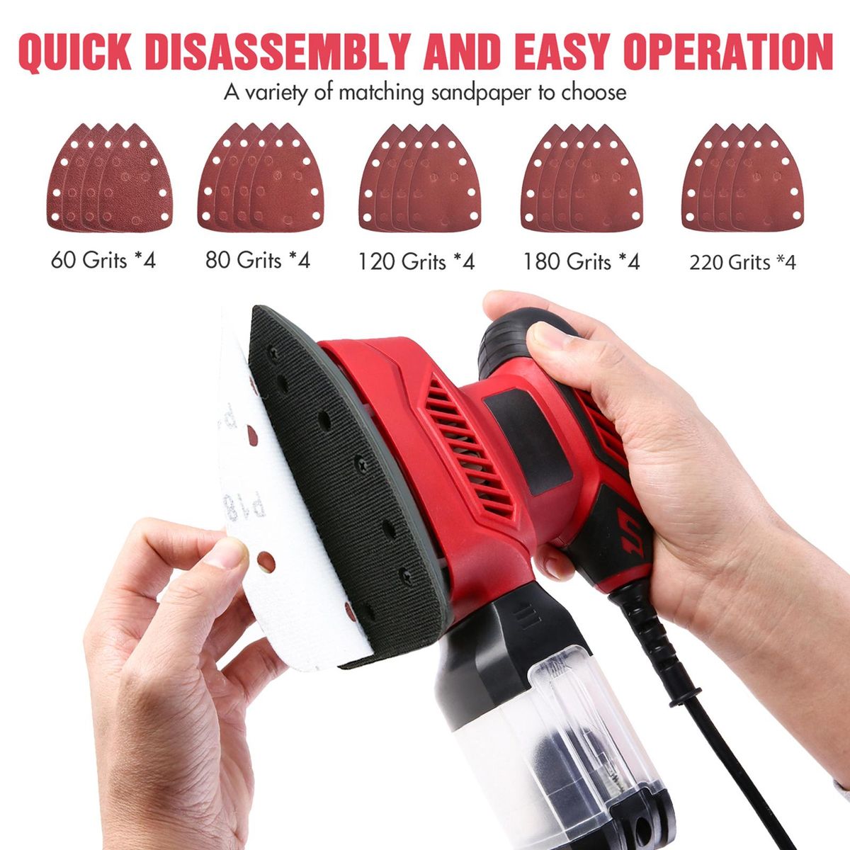 WEYTOLL Detail Sander 14000RPM Compact Electric Sander 20Pcs Sandpapers Dust Collection Port Connected with the Vacuum Cleaner Connecting Pipe Sanding for Tight Spaces DIY Decoration
