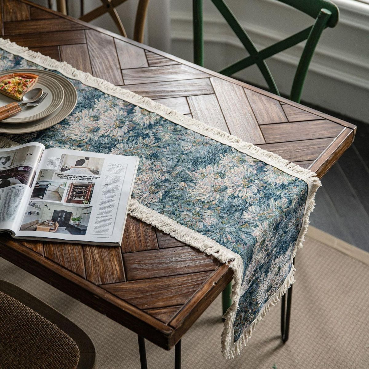 Table Runner Cloth American Style Jacquard Tassel Table Cover Cloth Blue