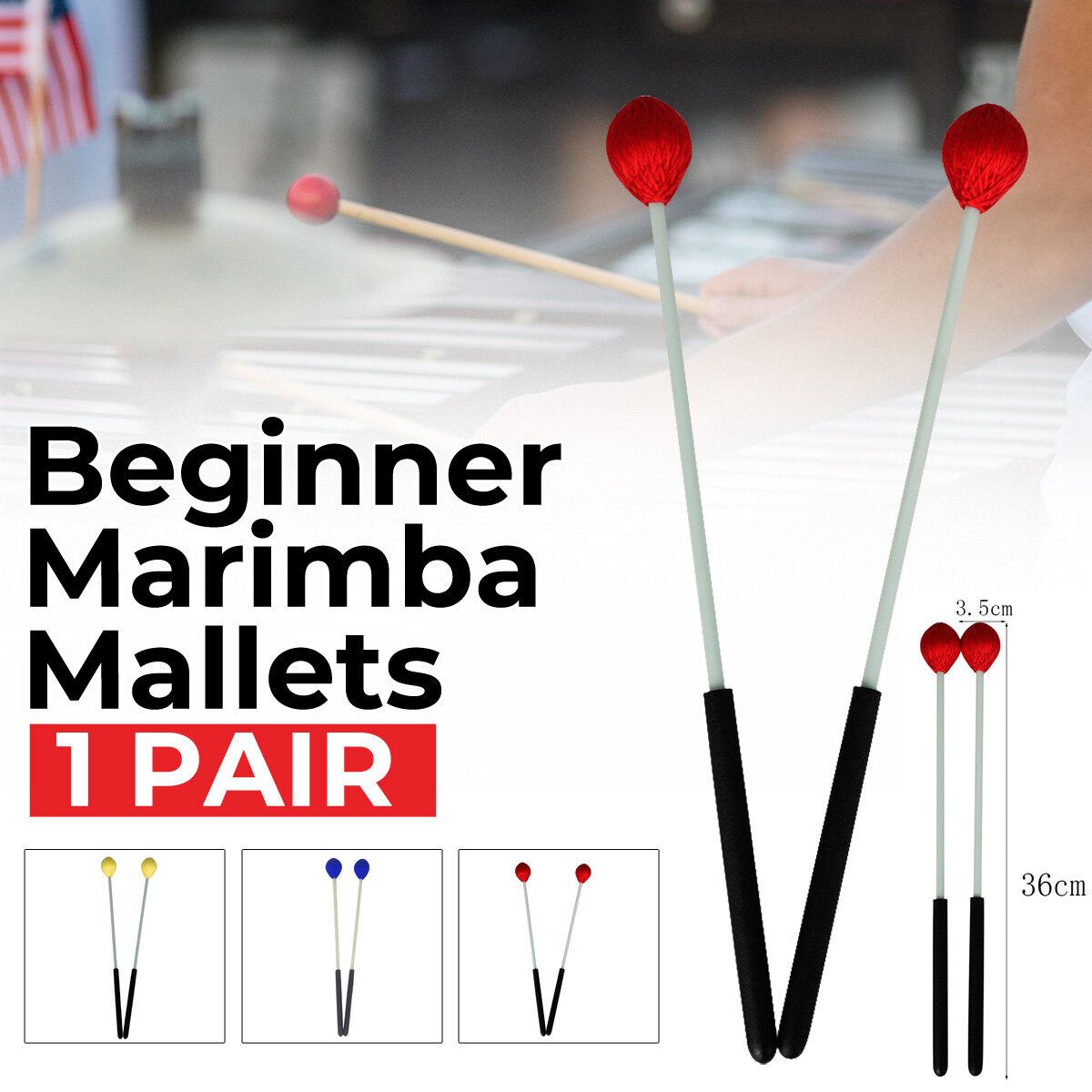 1 Pair Marimba Mallets Percussion Mallets With Nylon Yarn Head And Smooth Wood Handle For Beginners Red