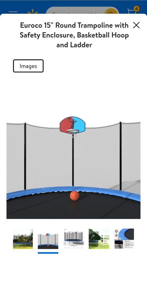 Euroco 14" Round Trampoline With Safety Enclosure, Basketball Hoop