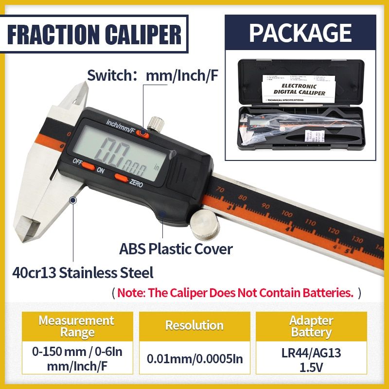Fraction Calipers Metal Digital Vernier Caliper Steel Material Instruments 150mm/6In Micrometer Depth Measuring Tool Box Fraction Caliper