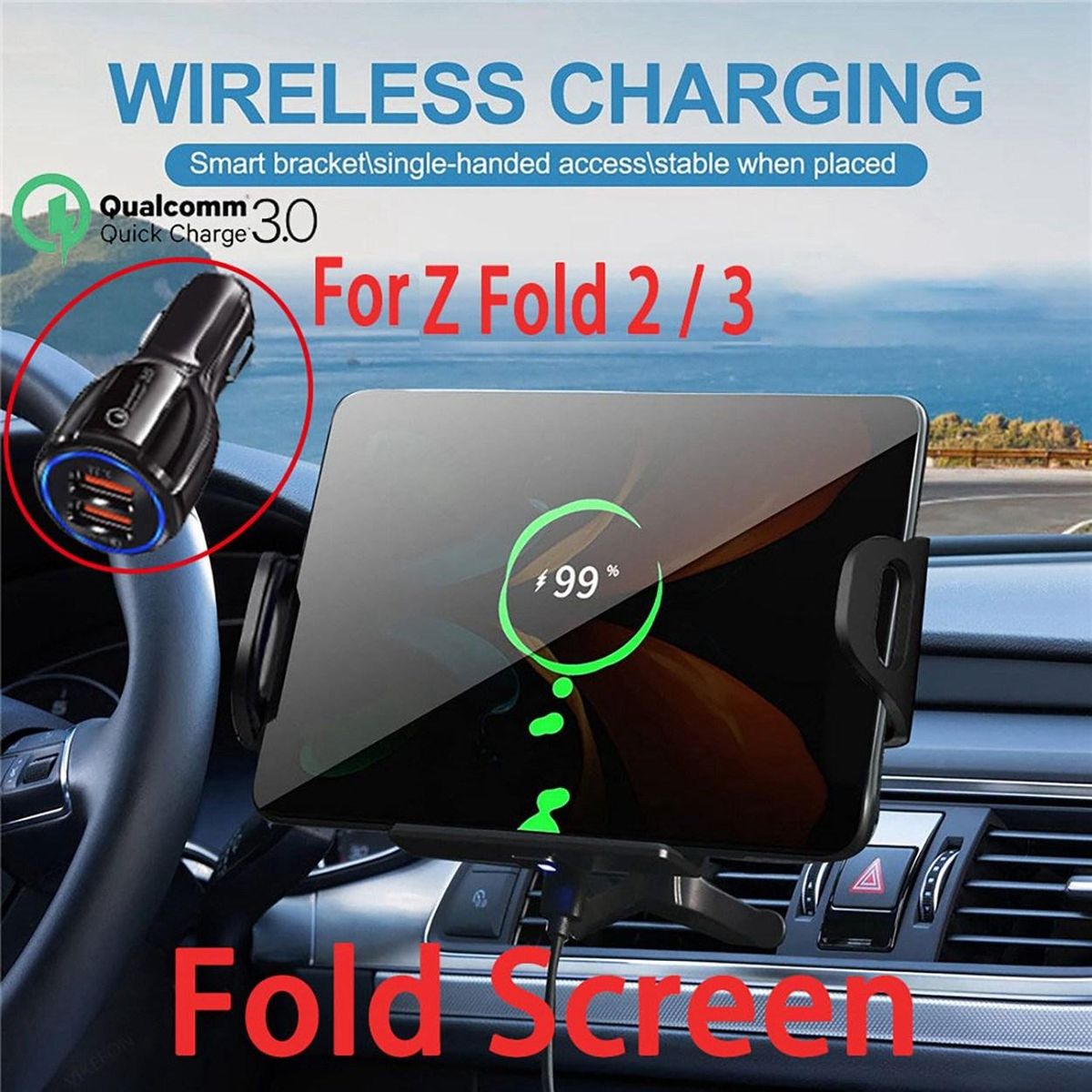 15W Qi Wireless Car Charger Mount Holder Fast Phone Charger for Samsung Galaxy Z Fold 3 2 iPhone 13 12 Max Huawei Mate X