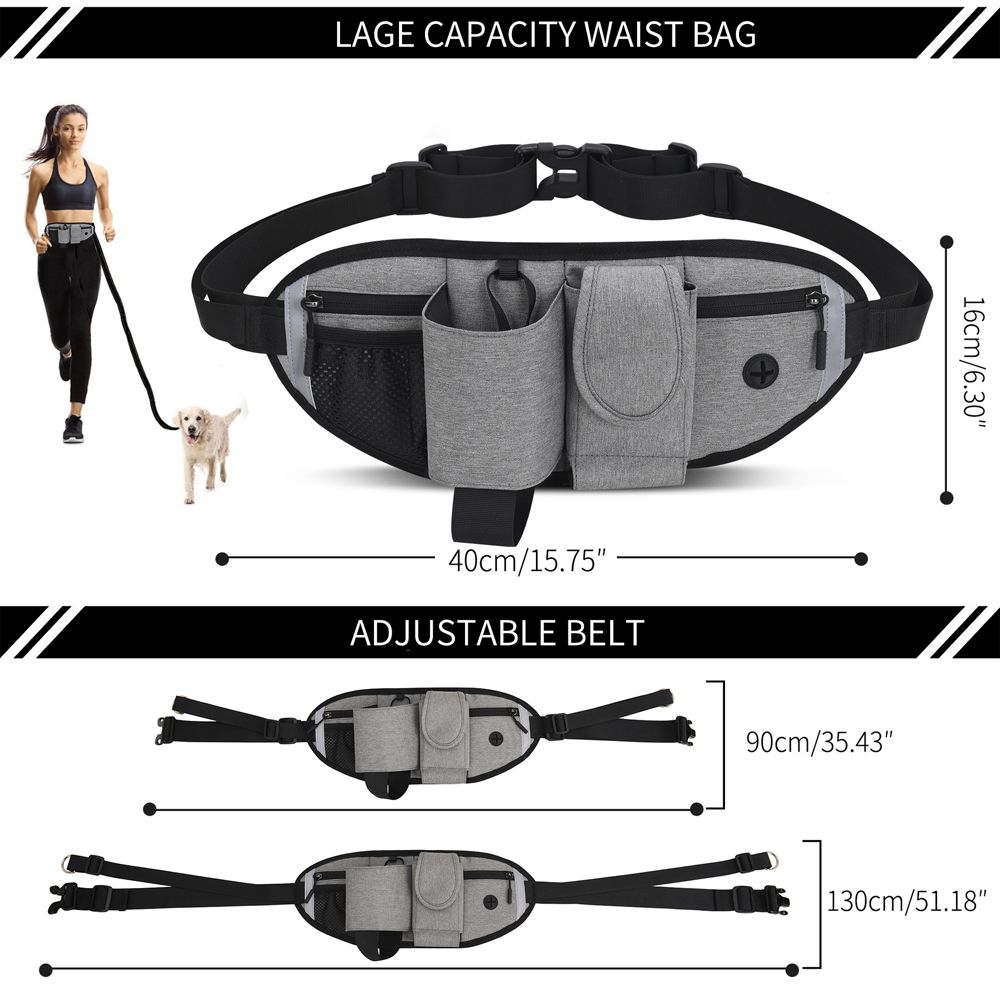Hands Free Dog Bungee Leash With Waist Pack Belt For Running Walking-Gray