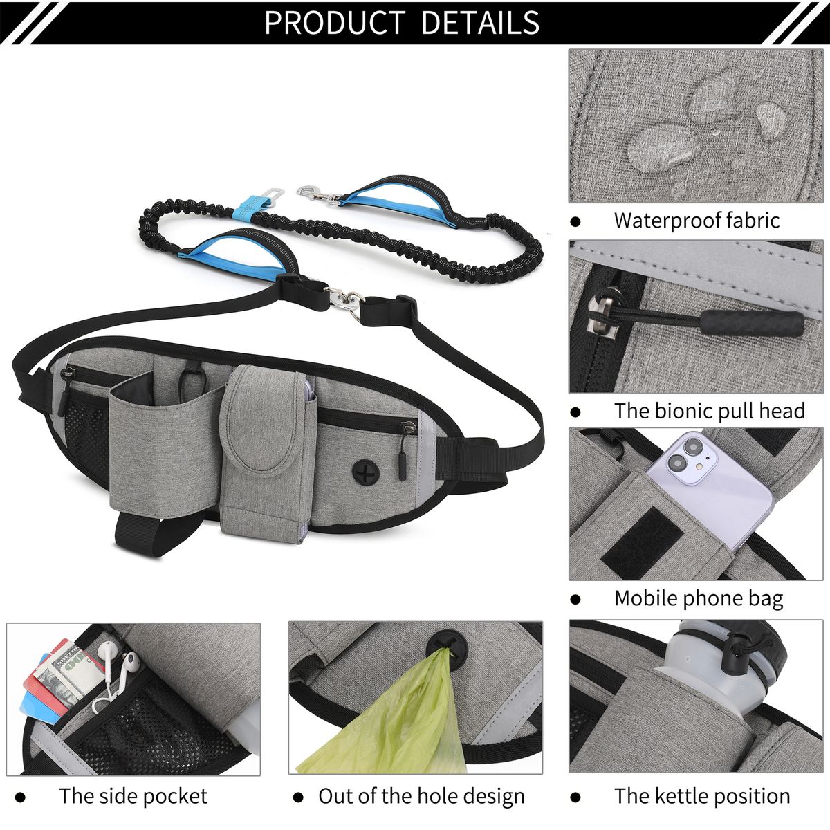 Hands Free Dog Bungee Leash With Waist Pack Belt For Running Walking-Gray