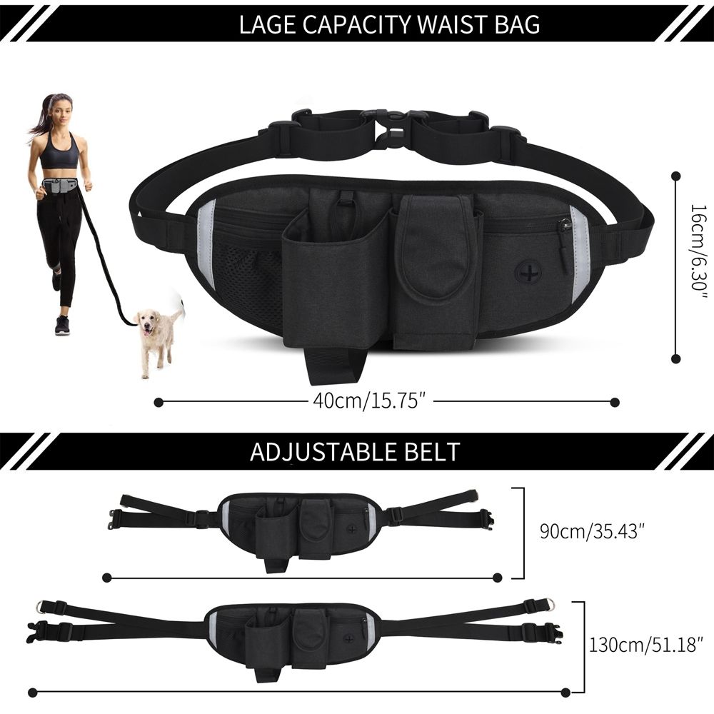 Hands Free Dog Bungee Leash With Waist Pack Belt For Running Walking-Black