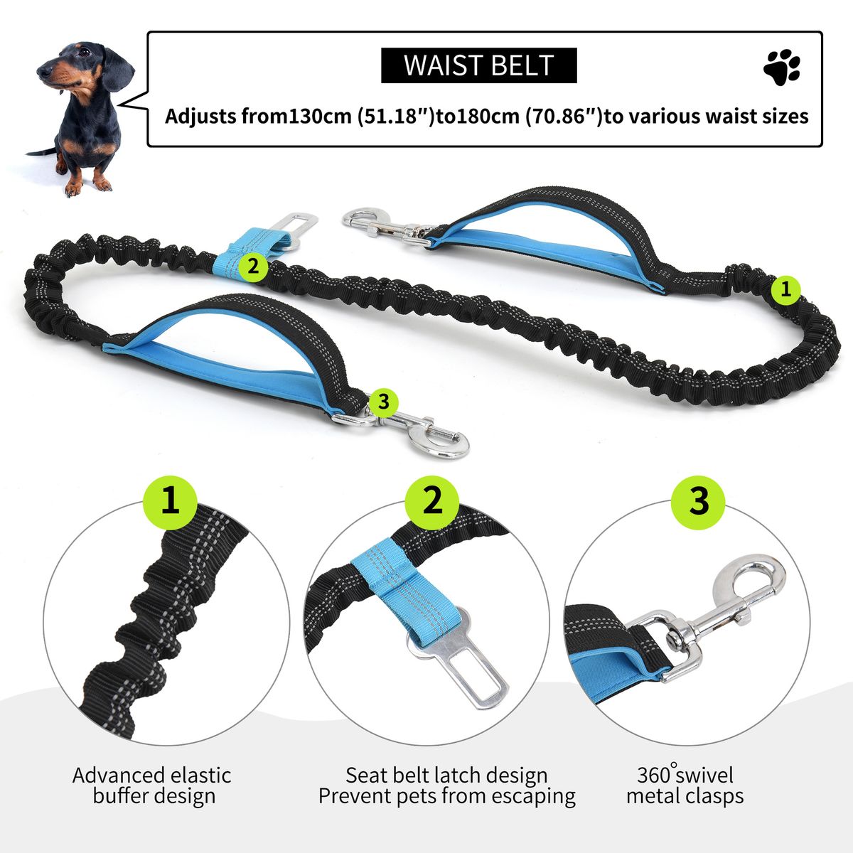 Hands Free Dog Bungee Leash With Waist Pack Belt For Running Walking-Black
