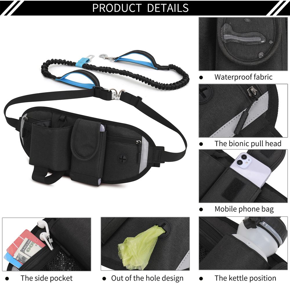 Hands Free Dog Bungee Leash With Waist Pack Belt For Running Walking-Black