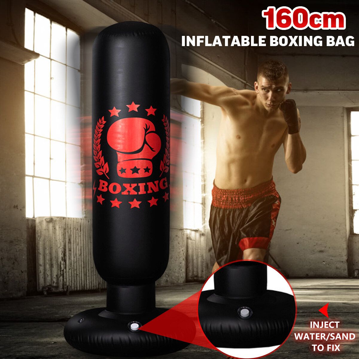 160cm Punch Bag Inflatable Boxing Column Tumbler Sandbags Kick Martial Training