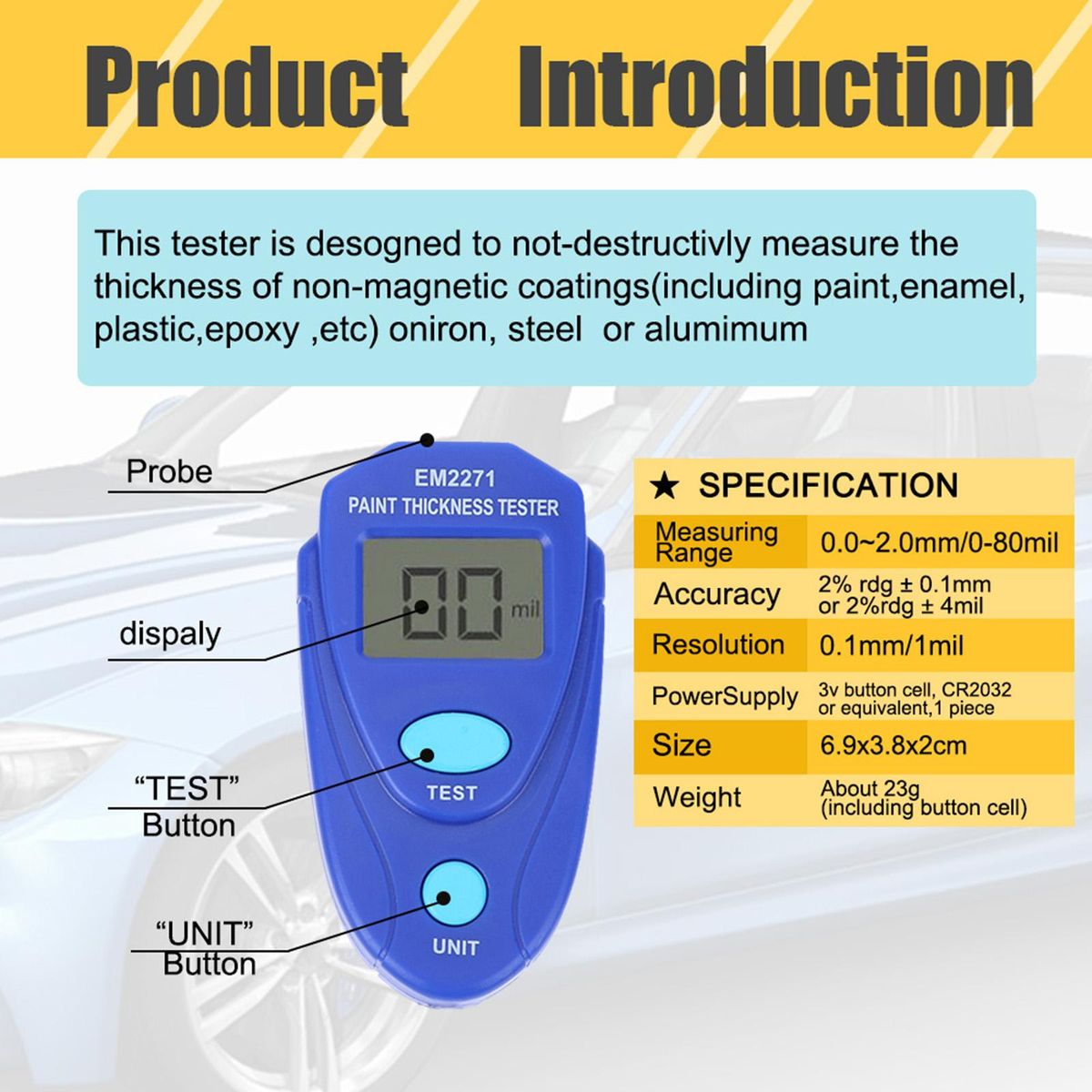 Digital Coating  Thickness Gauge  Meter Portable Probe Blue