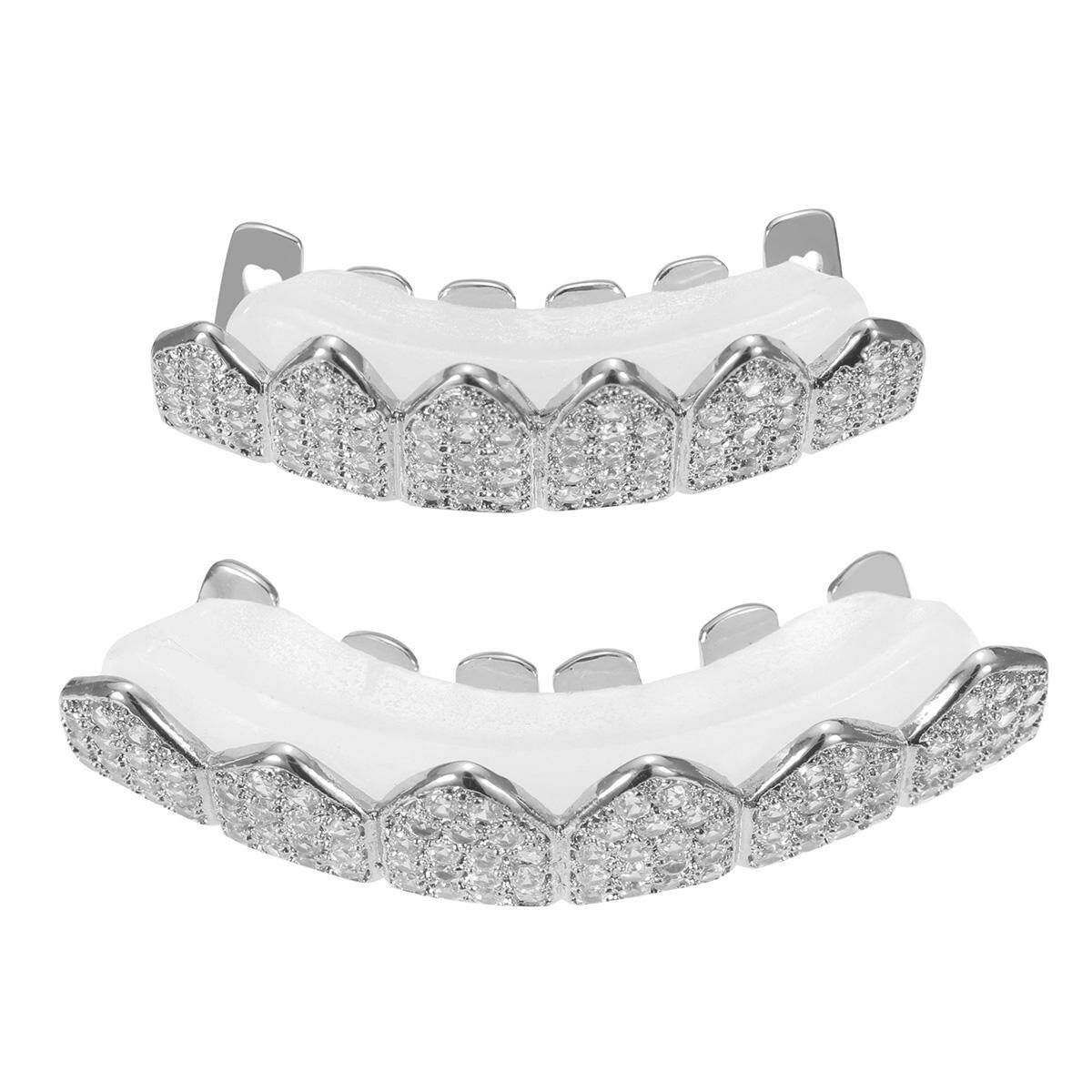 Gold Silver Plated Custom Slugs Hip Hop Top Bottom Mouth Teeth Grills Set Silver (silver)
