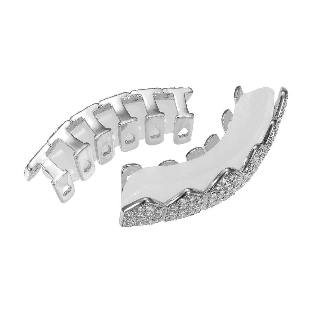 Gold Silver Plated Custom Slugs Hip Hop Top Bottom Mouth Teeth Grills Set Silver (silver)