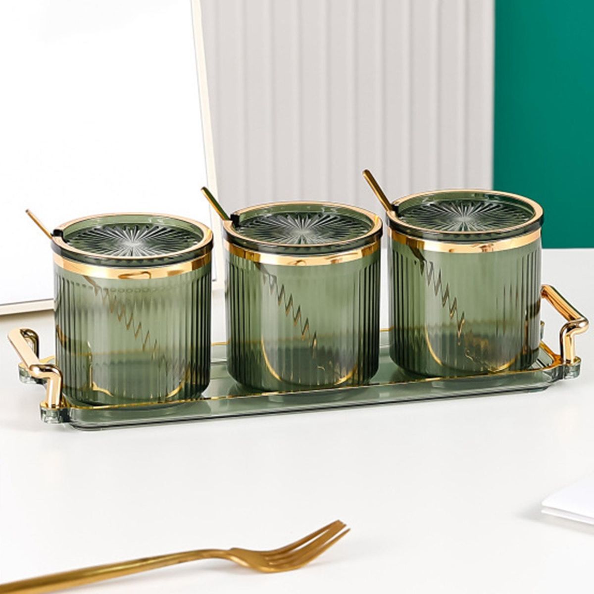Acrylic Seasoning Box Set Seasoning Bottles Cans With Tray Salt Green