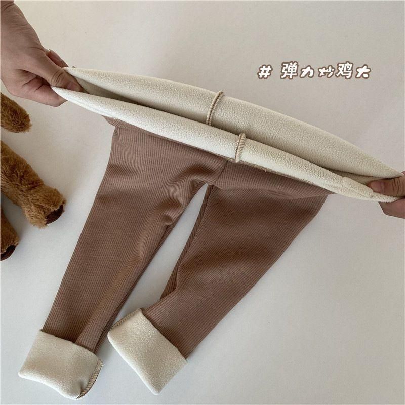 Autumn and Winter New Korean Girls Single-Layer Fleece-Lined Fashion All-Match Leggings Boys Baby Fleece Stretch Feet Pants Trousers