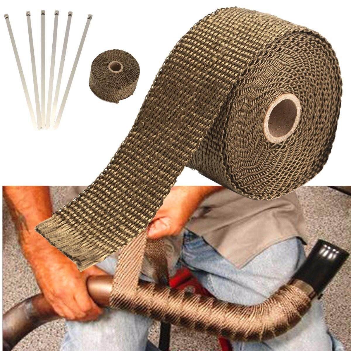 5M High Temp Titanium Glass Fiber Heat Wrap Exhaust Manifold Downpipe 6 Cable