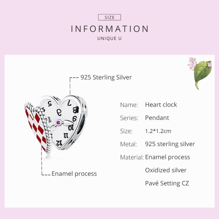 S925 Sterling Silver Heart Clock Beads
