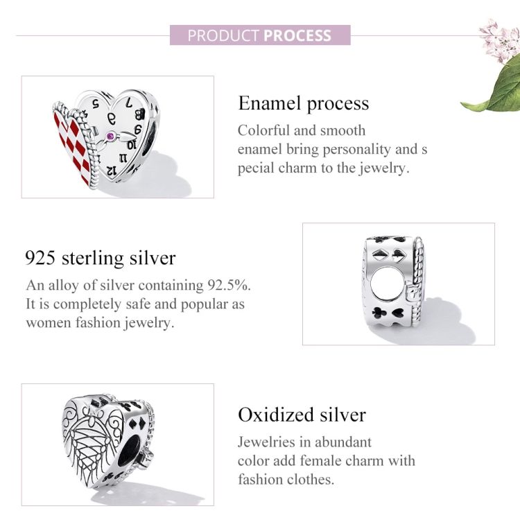 S925 Sterling Silver Heart Clock Beads