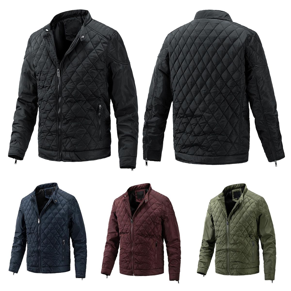 Men Quilted Coat with Pockets Stand Collar Zip up Jacket for Winter Fall