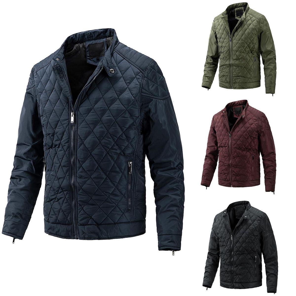 Men Quilted Coat with Pockets Stand Collar Zip up Jacket for Winter Fall