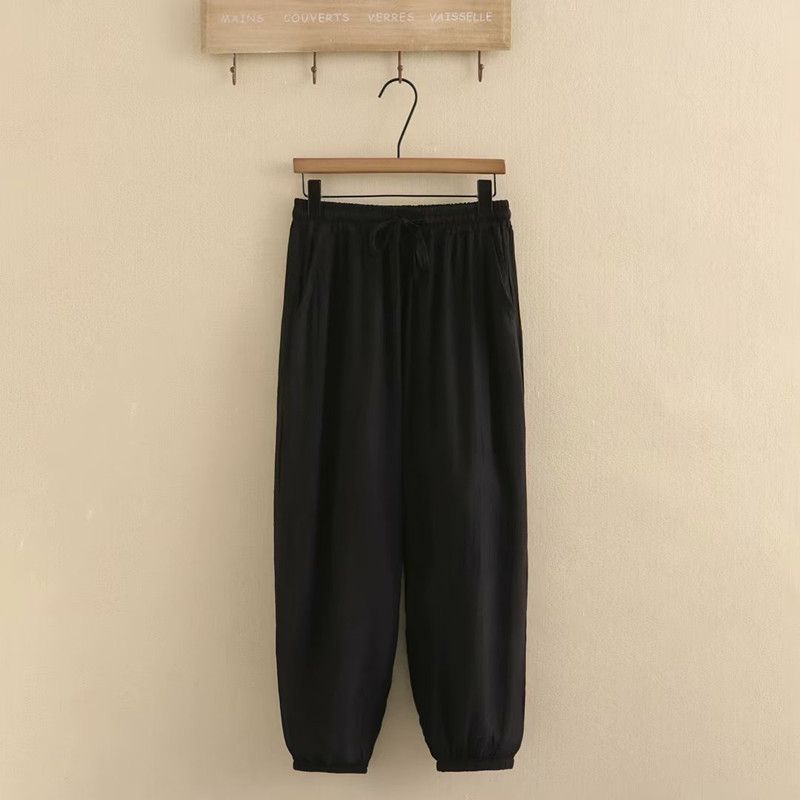(Black)Plus Size Women's Clothing Pants Elasticated Waist With Drawstring Thin Casual Trousers Loose Trousers Solid Non-Stretch Pants SAB