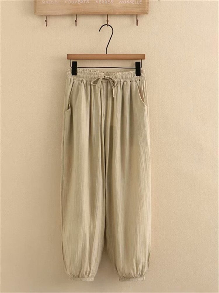 (Black)Plus Size Women's Clothing Pants Elasticated Waist With Drawstring Thin Casual Trousers Loose Trousers Solid Non-Stretch Pants SAB