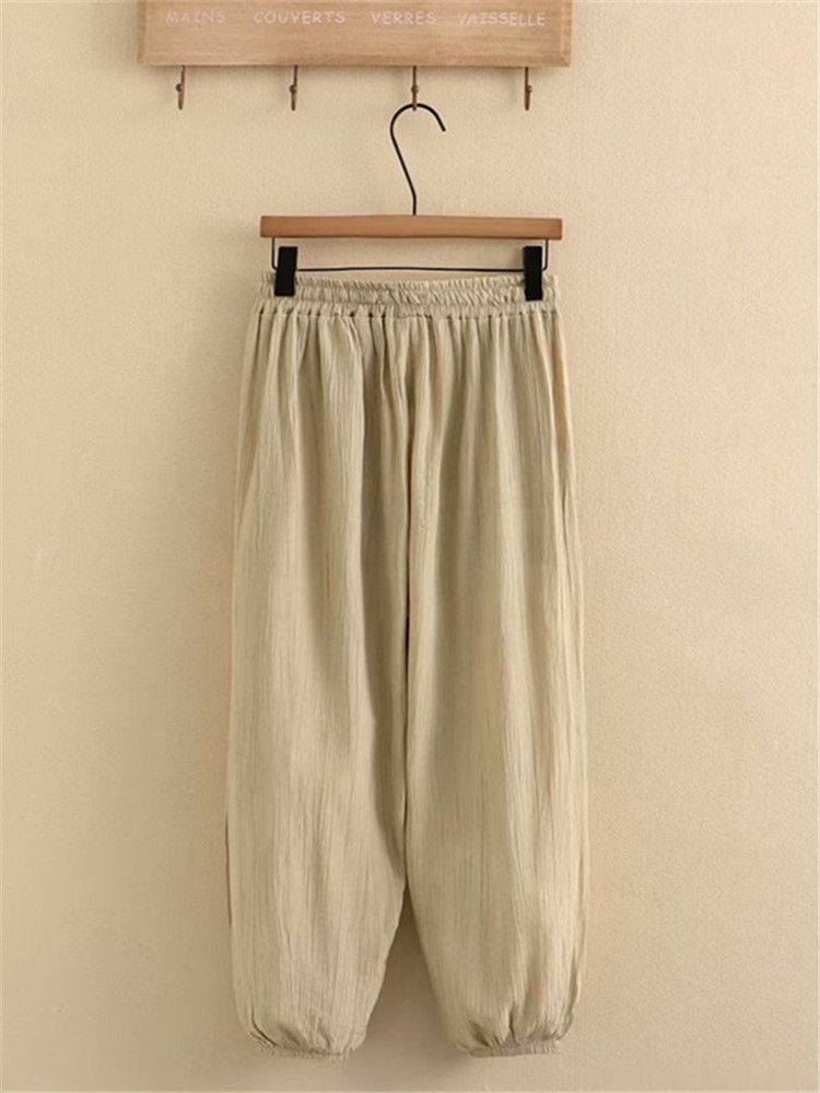 (Black)Plus Size Women's Clothing Pants Elasticated Waist With Drawstring Thin Casual Trousers Loose Trousers Solid Non-Stretch Pants SAB