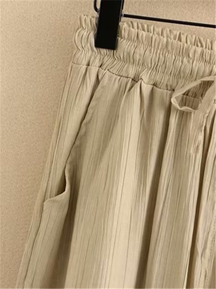 (Black)Plus Size Women's Clothing Pants Elasticated Waist With Drawstring Thin Casual Trousers Loose Trousers Solid Non-Stretch Pants SAB