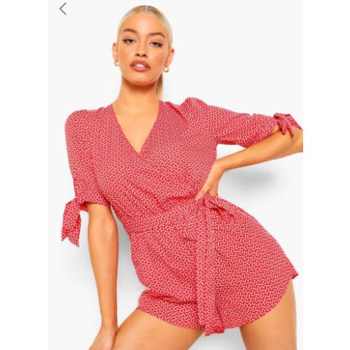 Printed Wrap Tie Detail Belted Playsuit - Coral