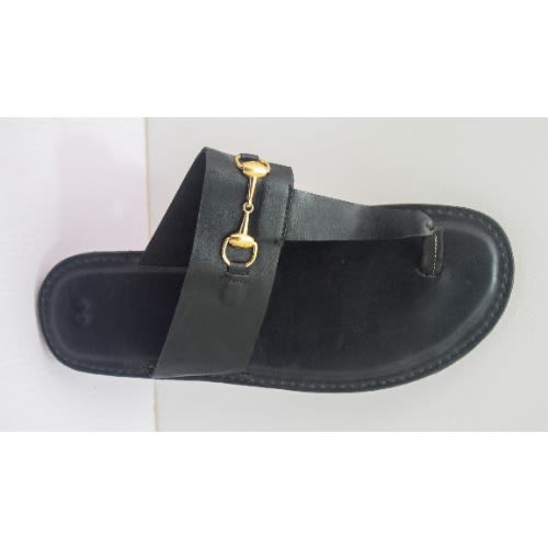 Men's Plain Leather Pam Slippers With Chain - Black
