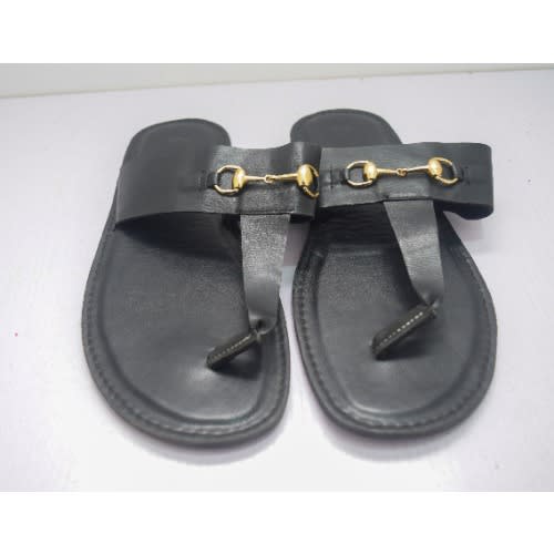 Men's Plain Leather Pam Slippers With Chain - Black