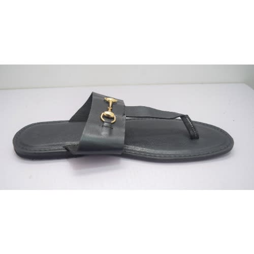 Men's Plain Leather Pam Slippers With Chain - Black