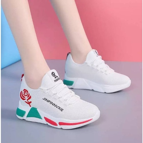 Ladies Casual Sneakers With Flower - White
