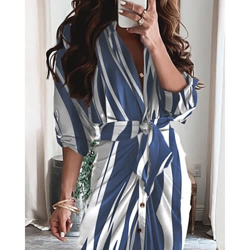 Long Sleeve bottom Down Dress - Blue Multicolor