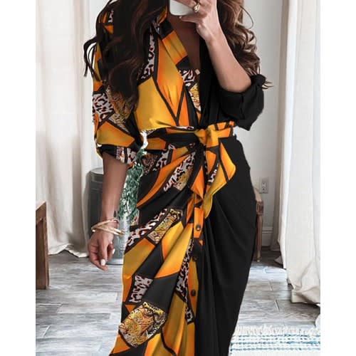 Long-sleeved V-neck Button Printed Dress