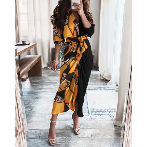 Long-sleeved V-neck Button Printed Dress