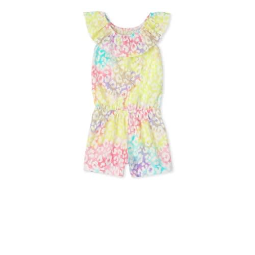 Girls Rainbow Leopard Ruffle Romper - Pink