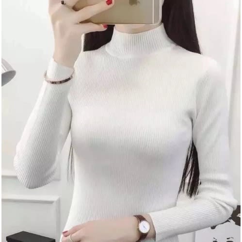 Ladies Turtleneck Long Sleeve T-shirt - White