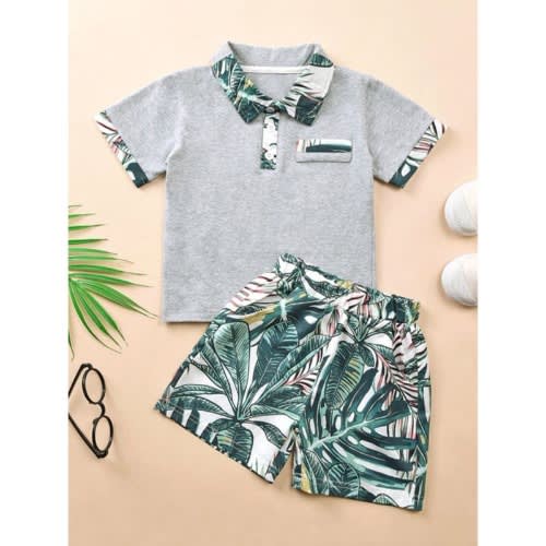 Two Pieces Kid Boy Tropical Style Polo Shirt With Shorts Set