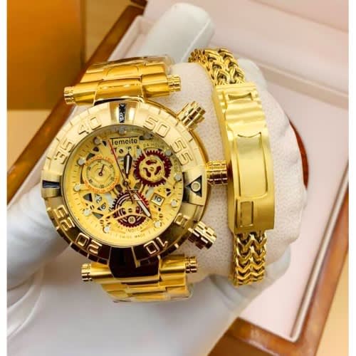 Men's Gold Wrist Watch + Rugged Bracelet