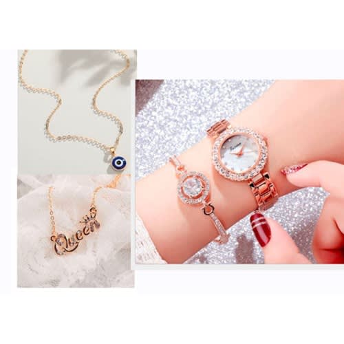 3 In 1 Women Wristwatch With Blue Eye & Queen Necklaces