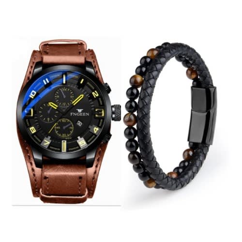 Leather Strap Men Watch With Bracelet- Brown