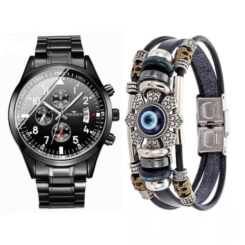 2 In 1 Stainless Steel Wrist Watch With Bracelet- Black