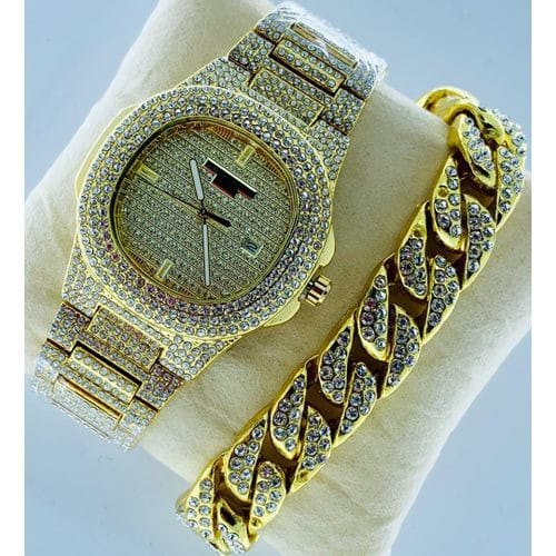Stone Iced Men's Wristwatch With Hand Chain - Gold